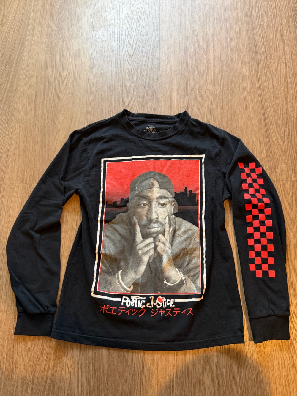 Poetic Justice Tupac Shakur Long Sleeve Graphic T-Shirt Black Red Checkered M
